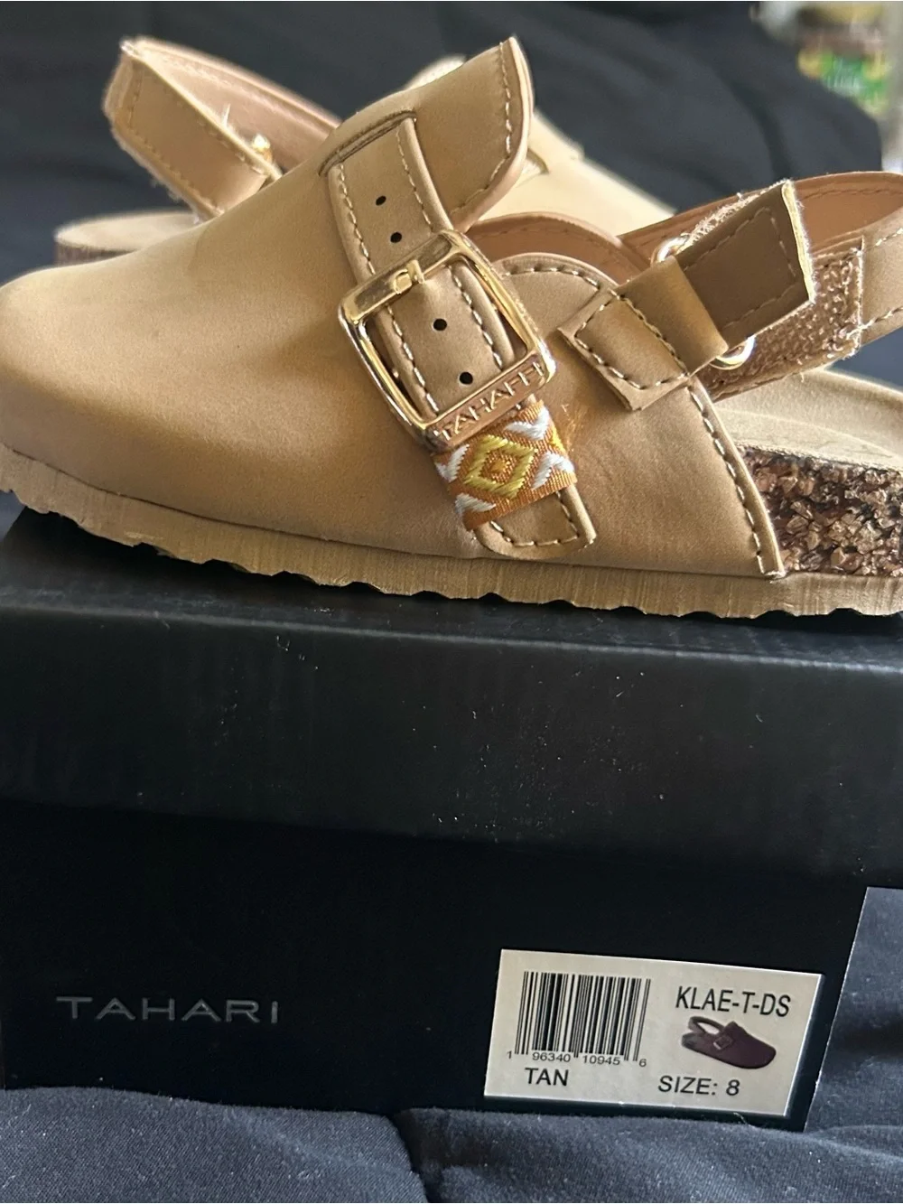 Tahari Kids Tan Slingback Buckle Sandals with Embroidered Detail